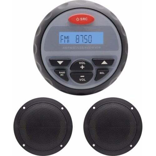 Waterproof Marine Gauge Radio FM AM Audio Bluetooth Stereo + 4'' Black Marine Boat Waterproof Speakers for Outdoor Boat SPA UV