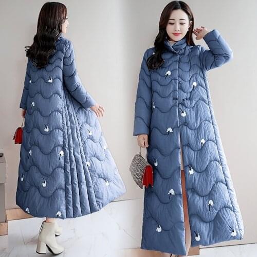 2020 Winter Women Vintage Robe Cotton-Parkas Coats Embroidery Floral Long Jacket Chinese Style Clothing Women Warm Parkas 11881