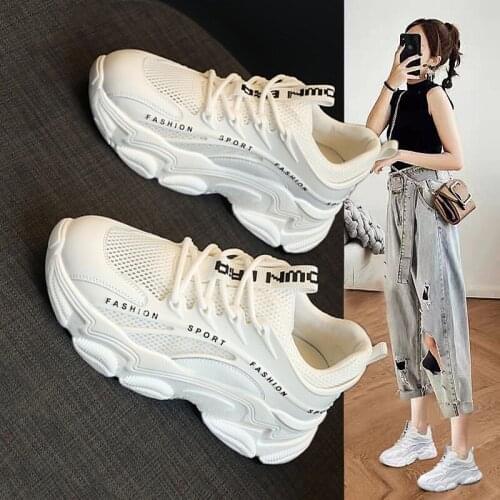 New Women Chunky Sneakers White Thick Bottom Falts Increased Round Toe Daddy Shoe Trendy Leisure Sports Female Vulcanize Shoes