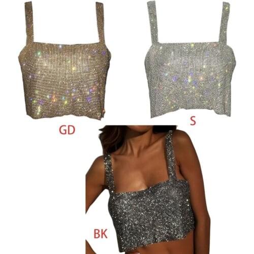 Women Sexy Off Shoulder Cropped Tank Top Glitter Rhinestone Metal Diamond Camis Vest Backless Dancing Festival Party Clubwear