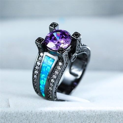 Boho Female Blue Opal Stone Ring Vintage Black Gold Wedding Rings For Women Promise Love Purple Round Engagement Ring