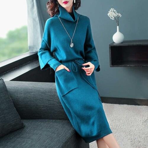 Women 2020 Autumn Winter Knitted Mid-long Sweater Dresses Female Solid Color Thick Vestidos Ladies Turtleneck Loose Dress V322