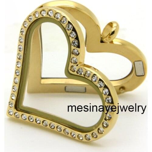 10pcs PVD Gold Magnet Closure Stainless Steel Czech Crystal Heart Glass Locket For Custom Floating Charms Keepsake Xmas Gift