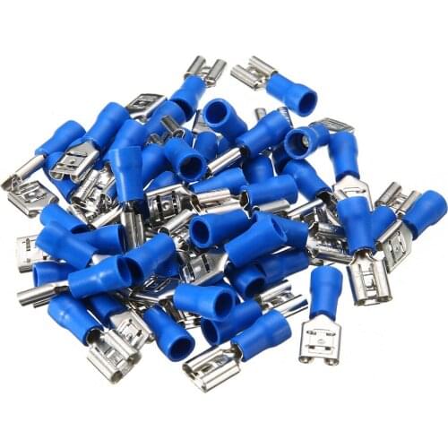 50pcs/set FDFD2-250 Blue Female Spade Blade Electrical Wiring Connector Insulated Crimp Terminal Spade Connector Kit 1.5-2.5mm2
