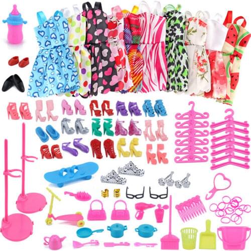 Besegad 105PCS Doll Dress Necklace Clothes Shoes Accessories Kit Playset Pretend Play Toys for Barbie Dolls Children Girls Gift