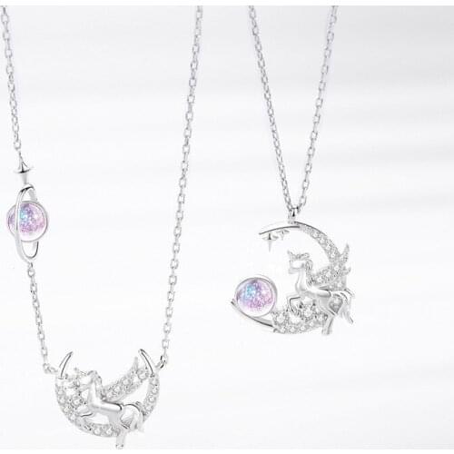 925 Sterling Silver Link Chain Unicorn Planet Pendent Necklace For Women Girls Party Birthday Jewelry Choker Collar dz116