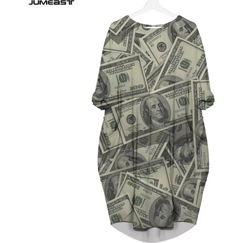 Jumeast Women 3D Batwing Pocket Dress Oversized Female Streetwear Money Dollar Banknote Pullover Dresses Summer Skirt Nightdress