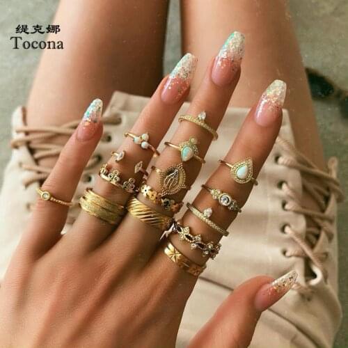 Tocona 15 pcs/sets Clear Crystal Stone Rings Sets Bohemian Gold Virgin Mary Water Drop Wedding Ring for Women Jewelry 9761