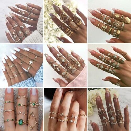 14 Style Women Fashion Crystal Ring Geometry Cross Leaf Moon Crown Knuckle Ring Set Boho Charm Party Wedding Jewelry Accessories