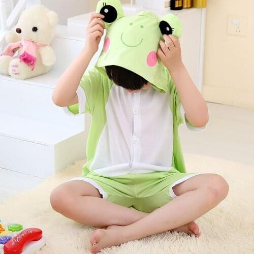 Summer Kids Onesies Hooded Pajamas Children Sleepwear Boys Girls Green Frog Animal Anime Pyjama Pijama Cotton Nightwear Clothes