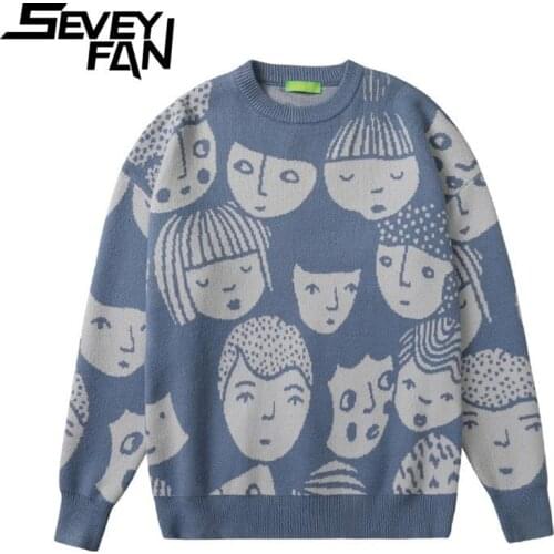 SEVEYFAN Mens Fashion Cartoon Characters Jacquard Sweater Hip Hop Loose Cotton Knitwear Pullover for Couples