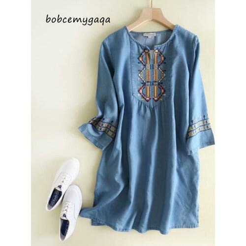 Embroidered Denim Dress Women Blue Light Blue O Neck Long Sleeve Summer Casual Soft Jeans Dress Spring Vestido Mujer