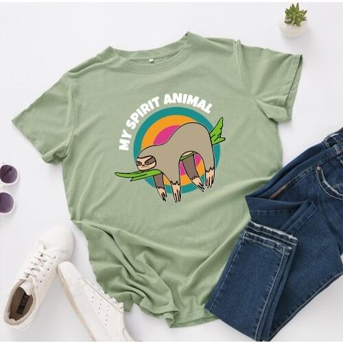 Plus Size Summer T-Shirt Funny Sloth Print TShirt 100%Cotton T Shirt Women O Neck Short Sleeve Top Tee Streetwear Kawaii Clothes