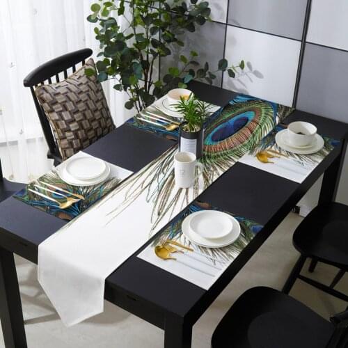 Peacock Feather White Table Runner Table Mats Cover For Home Wedding Banquet Festival Party Catering Hotel Table Decoration