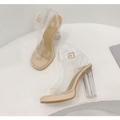 Ankle Strap Thick Square Heels Shoes Transparent PVC Woman Sandals Plus Ladies Thick-soled Clear Sandals Zapatillas Mujer Casa