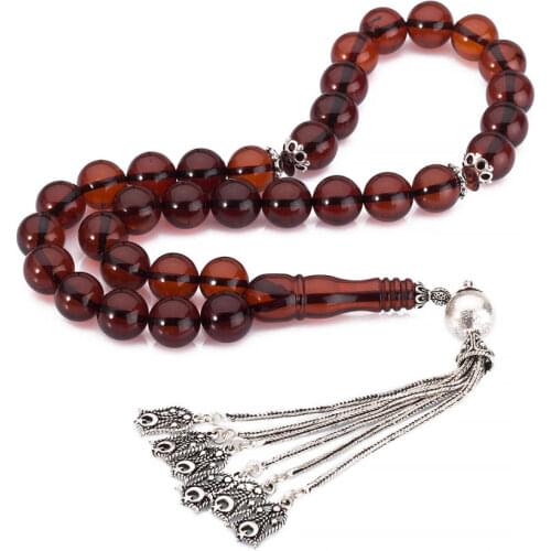 Silver Big Fire Amber Gemstone Prayer Rosary Men Drop Rosary With Silver Tassel Islamic Tasbih With Turkish Flag Model Tassel