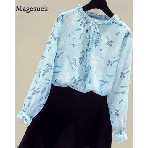 Long Sleeve Lace-up Floral Chiffon Blouse Pullover Womens Shirt All-match Printed Top Female New Autumn Women Clothes 11147