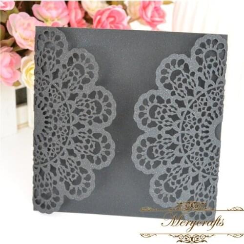 50pcs Rustic wedding invitation laser cut black pearl wedding cards party invitations from Mery supplies