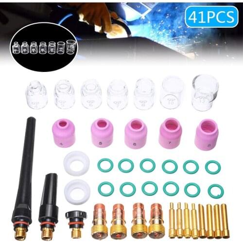 41Pcs/Lot TIG Welding Torch Stubby Gas Lens Pyrex Glass Cup Kit Assorted Size Kit For WP-17/18/26 Welding Tools Set