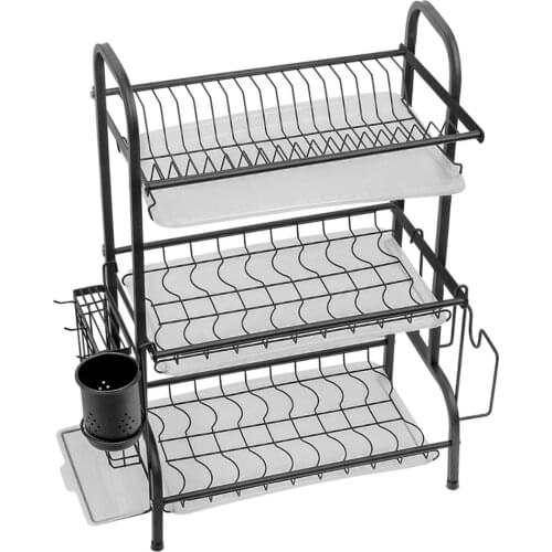 Black 3 Tier Heavy Duty Kitchen Dish Rack Drainer Drying Stainless Steel Tray Holder Organizer+Plastic Tray Plate