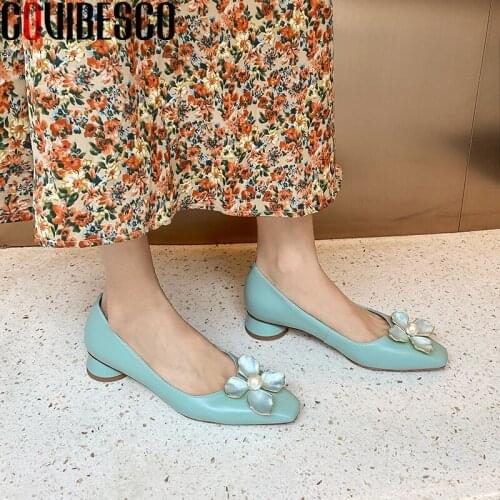 COVIBESCO Genuine Leather Casual Low Heels Women Pumps Fashion Concise Genuine Leather Flower Shoes Woman 2021 Spring Classic