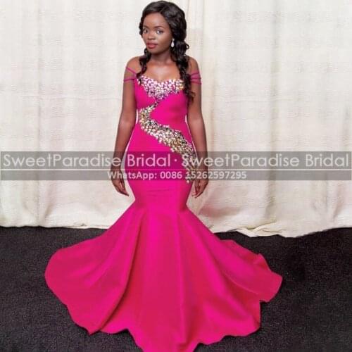 Brilliant Crystal Beads Evening Dresses Mermaid Hot Pink Satin Long Floor Length Off Shouler Formal Evening Dress Party Gown