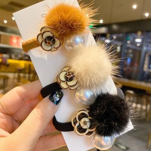 New Korean-style Camellia Fluff Hair Accessories Elastic Hair Band For Women Big Pearl Rose Flower Bow Hair Ropes Ties Hairband