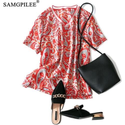 Tshirt Oversize Women Casual Shirt Dress Women Chiffon Plus Size Women Tshirts Short Sleeve Print V-neck Women Summer Shirt 4XL