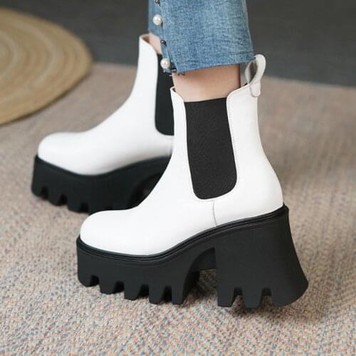 Women Chelsea Shoes Female Slip-on Platform Non-Slip Square Toe PU Leather Ankle Boots Female Fashion Short Boot Womens Shoes