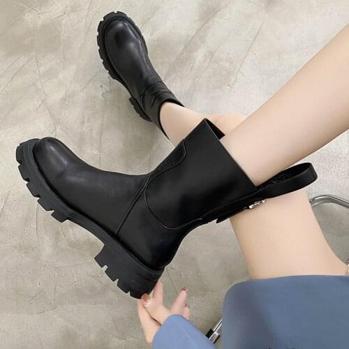 2021 New Boots Women Thick Bottom Round Toe Pu Leather Ankle Boots Shoes for Women All-match Botas Feminina Platform Shoes
