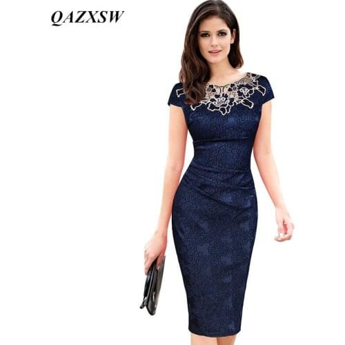 QAZXSW Womens Embroidery Elegant Vintage Dobby Fabric Hollow Out Embroidered Ruched Pencil Bodycon Evening Party Dress YX0061