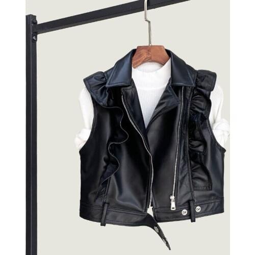 Vintage Ruffle Real Leather Vest Women Spring Autumn New High Waist Sleeveless Sheepskin Jacket Party Office Lady Waistcoat