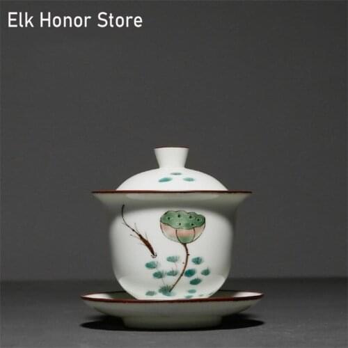 165ML Hand Painted Ceramic Lotus Gaiwan Chinese Kung Fu Tea Tureen Pigmented Retro Tea Service