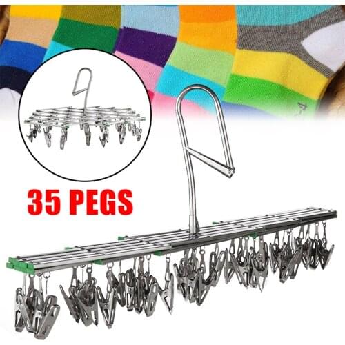 35 Clips Windproof Laundry Socks Gloves Clothes Hanger Collapsible Stainless Steel Foldable Hanging Rack Clothespin Drying Racks