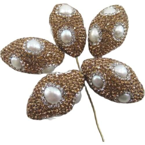 APDGG Wholesale 5 Pcs Oval Shape CZ Pave Golden Rhinestone Pave Keshi Pearl Beads Jewelry Findings