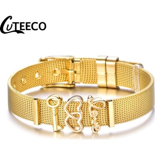 Hot Sale Gold Color Stainless Steel Mesh Bracelet Set Gold Love Lock Charms Pan Bracelet Bangle for Woman Jewelry Gifts