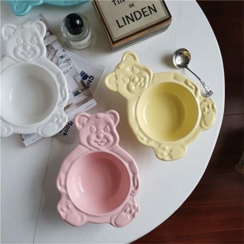 Cartoon Bear Dessert Plate Bowls Cute Ceramic Dinner Dishes Korean Ins Bear Dessert Flat Soup Bowl Breakfast Salad Fruit Tray