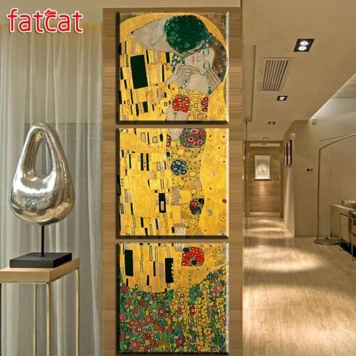 FATCAT 5d diy diamond painting abstract Gustav Klimt Kiss full square round drill diamond embroidery triptych home decor AE263