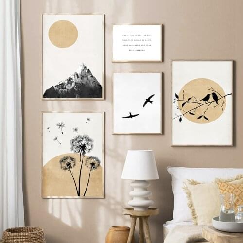 Beautiful Landscape Poster Golden Mountain Birds Dandelion Wall Art Canvas Painting Scandinavian Print Living Room Decoration
