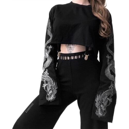 Fashion Women Dragon Print Sweatshirt Hoodies Solid Crop Long Sleeve Jumper Pullover Coat Casual Sweatshirt Top Streetwear