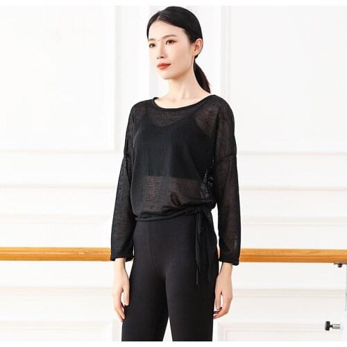 New Round Neck Long Sleeve Modern Dance Wear See Through Snowflake Velvet Loose Yoga Shirt Side Lacing Mesh Practice Top Blouse