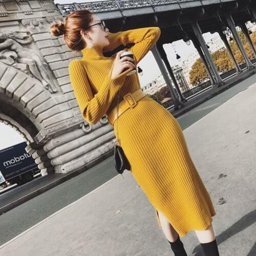 Turtleneck Women Long Sleeve Split Hem Sweater Dress Women Casual Slim Autumn Winter Dress Female Yellow Knitted Dress With Belt