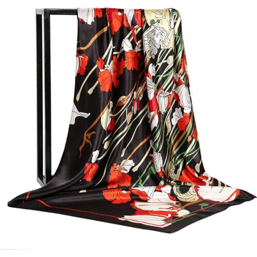 Hijab Scarf Women Foulard Luxury Printed Shawls Autumn 90*90cm Bandana Large Muslim Satin Square Head Silk Scarves for Ladies
