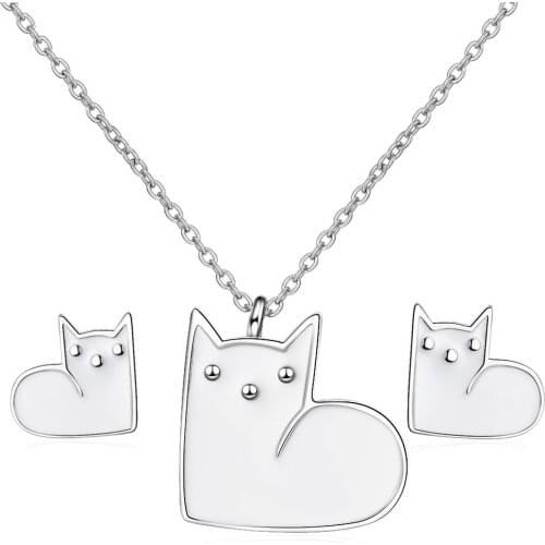 Simple 925 sterling silver Jewelry Sets Lovely Animal Cat Choker Necklace Stud Earrings Set For Women Girl Party Gifts