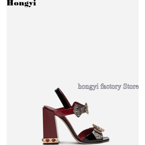 Luxury Summer Fashion Snakeskin Pattern Bling Bling Crystal Block Heeled Ankle Wrap Strap Sandals