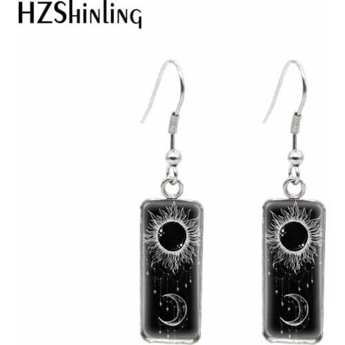 2021 New Sun and Moon Rectangular Earring Day and Night Art Fish Hook Earrings Glass Cabochon Handmade Jewelry