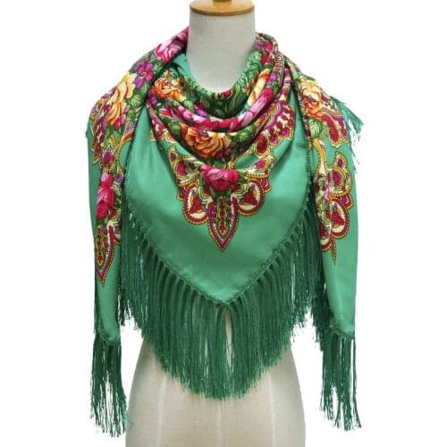 135*135cm Women Russian National Square Scarf Big Size Floral Print Scarves Female Retro Fringed Russian Shawls Hijab Wraps