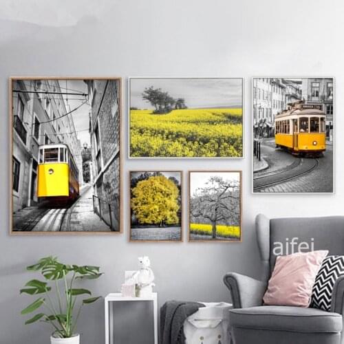 Nordic Poster Vintage Landscape Canvas Painting Fashion Black Yellow Tram Wall Picture For Living Room Modern Home Decoration