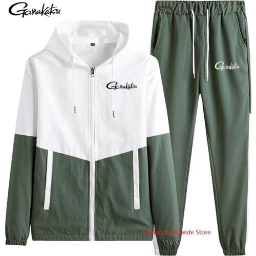 Men Fishing Tracksuit Hooded Jacket+Harem Pant Patchwork 2PC Set For Men Mens GAMAKATSU Sport Fishing Clothing Sportswear Suits