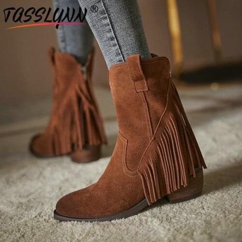 TASSLYNN 2020 Cow Suede Ankle Boots for Women Round Toe Square Heel High Heel Boots Fashion Fringe Winter Women Shoes